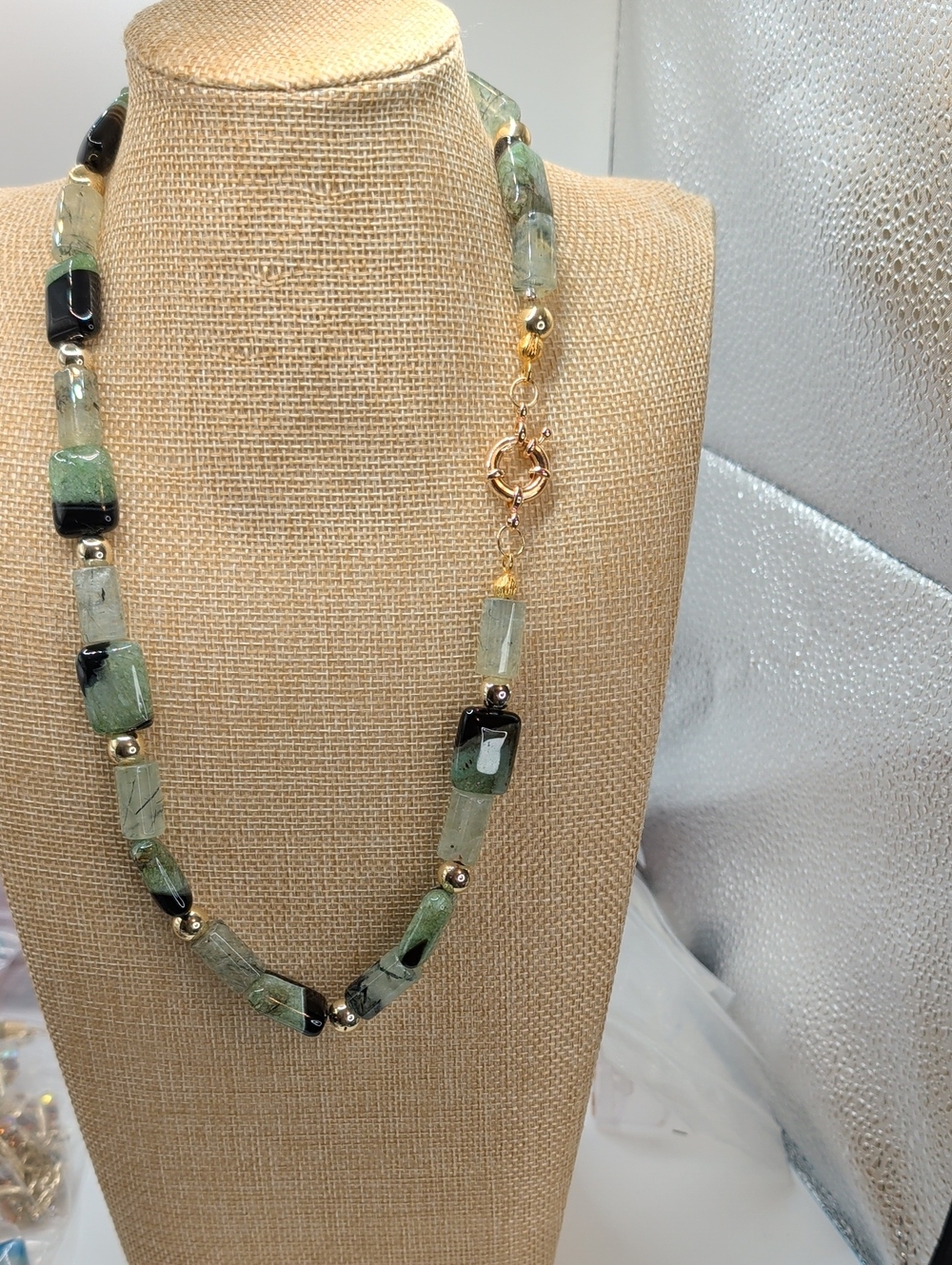 Green Prehnite and Black Squares of Chrysoprase With Gold Accents Necklace.